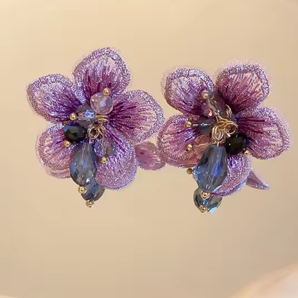 Floral Earrings with Purple and Gold Accents - Picture 6 of 7